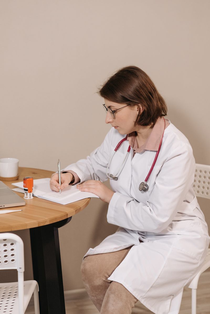 Physician with a stethoscope writing notes at her desk