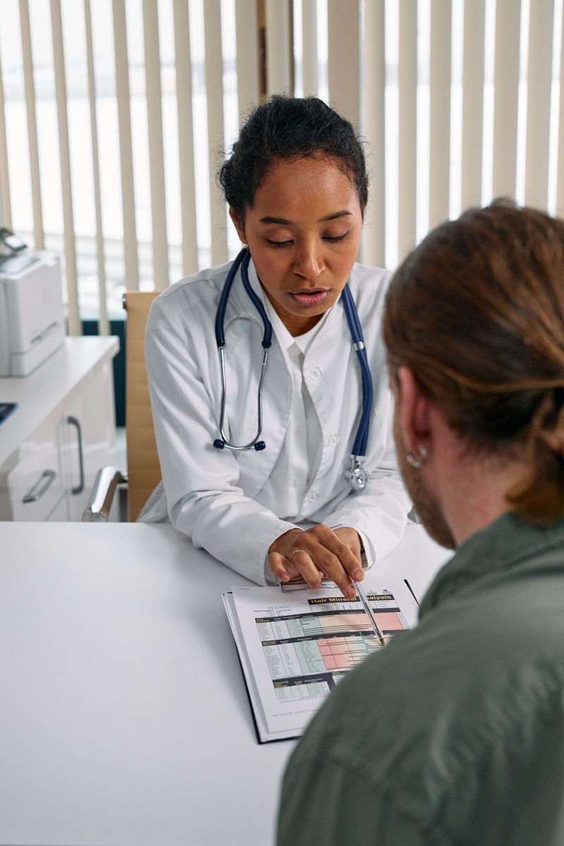 Portrait of Dr. Amara Whitfield discussing a health chart at her desk